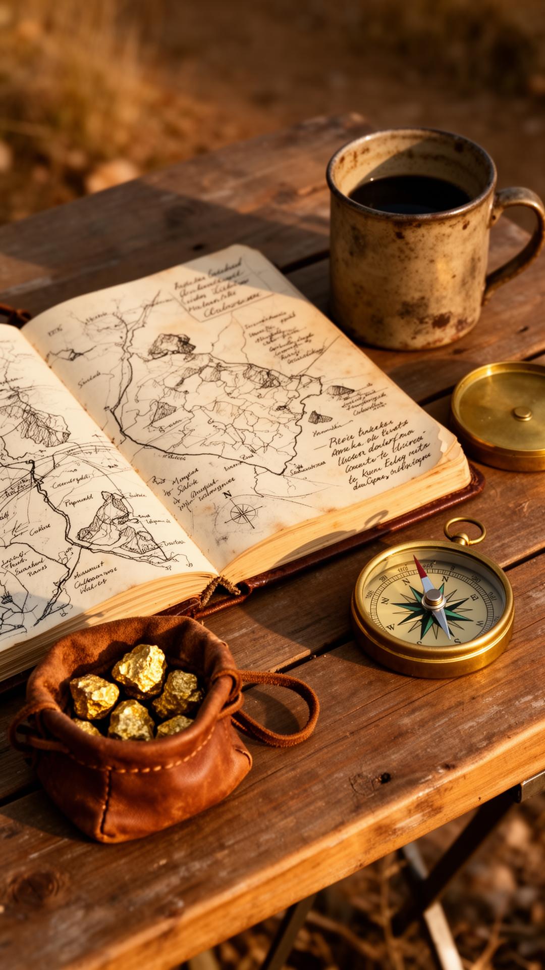 Prospector's notebook, brass compass, and small leather pouch of gold nuggets